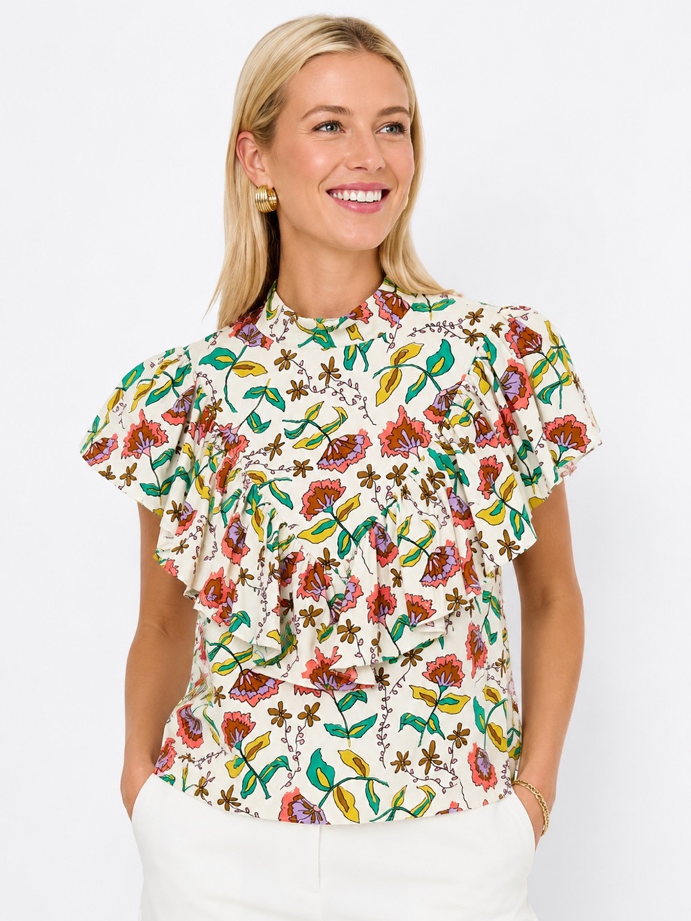 Tuckernuck CROSBY by Mollie Birch Woodcut Floral Sleeveless Ruffle Top. B